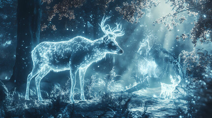 Forest ecosystem disruption causing animal suffering and death due to habitat loss climate change and human encroachment on natural environments. Holographic Wildlife. Illustration