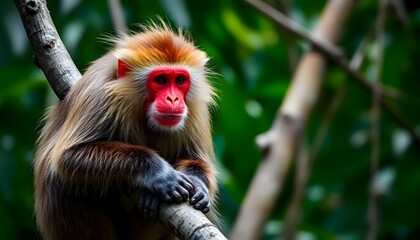 a monkey with a red face sitting on a tree branch