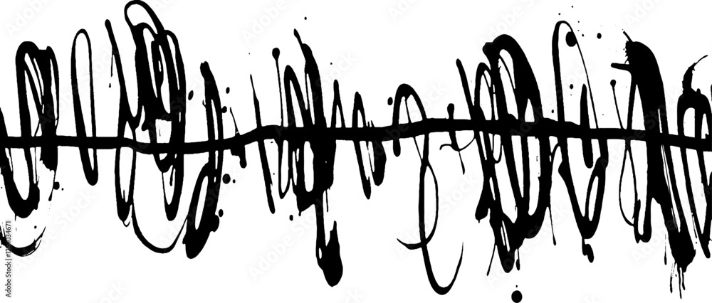 Poster an abstract black and white design featuring chaotic, swirling lines and splatters, creating a dynam