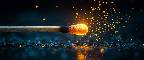 Lit matchstick, sparks, dark background, energy