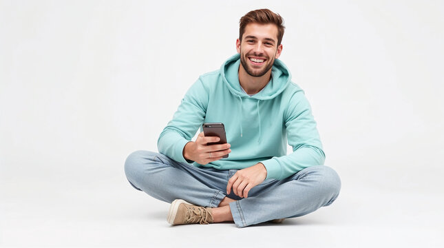 smiling happy cheerful young caucasian man sitting cross-legged on the floor wear mint hoody look camera hold in hand use mobile cell phone isolated on plain solid white background studio portrait