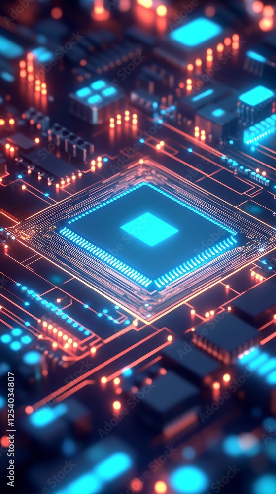 Leinwandbilder dramatic view of an electronic circuit board highlighting an advanced microchip with neon lights : g