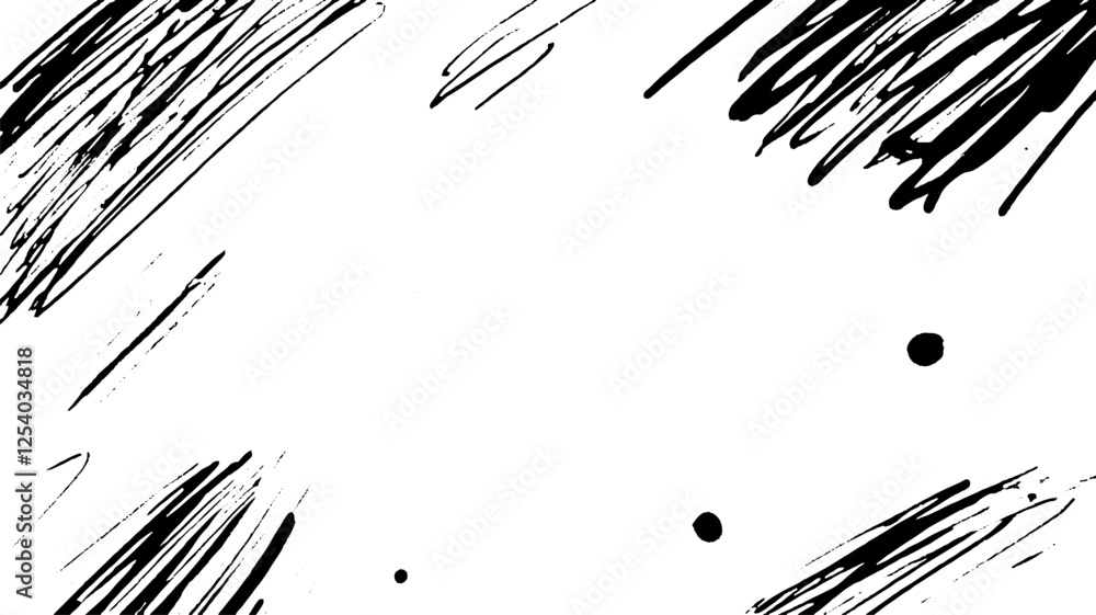 Fototapete a minimalist abstract design featuring bold black brush strokes and dots on a white background, crea