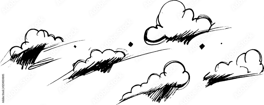 Poster a series of hand-drawn clouds in various sizes, showcasing a whimsical and artistic style. the cloud