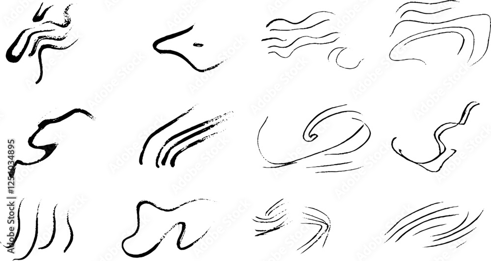 Poster a collection of abstract black brush strokes and lines, showcasing various fluid shapes and patterns