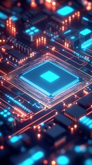 Obraz premium Dramatic View of an Electronic Circuit Board Highlighting an Advanced Microchip with Neon Lights : Generative AI