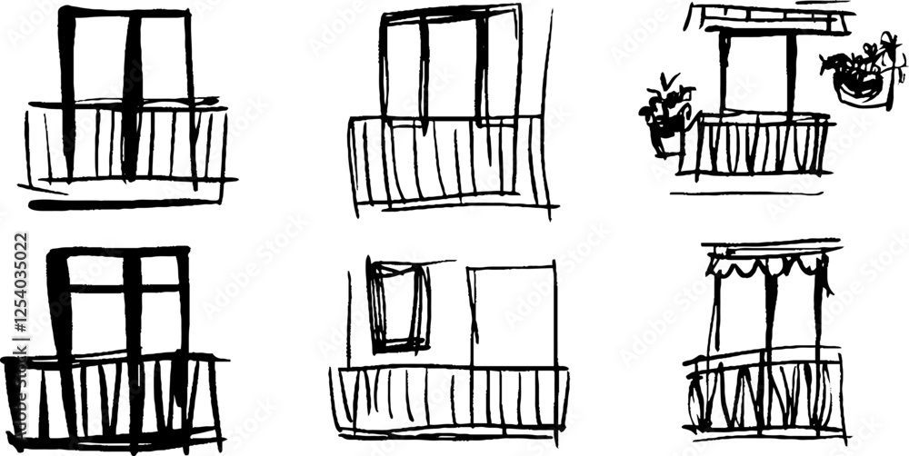 Poster a collection of six simple sketches of windows and balconies, showcasing various designs and styles.