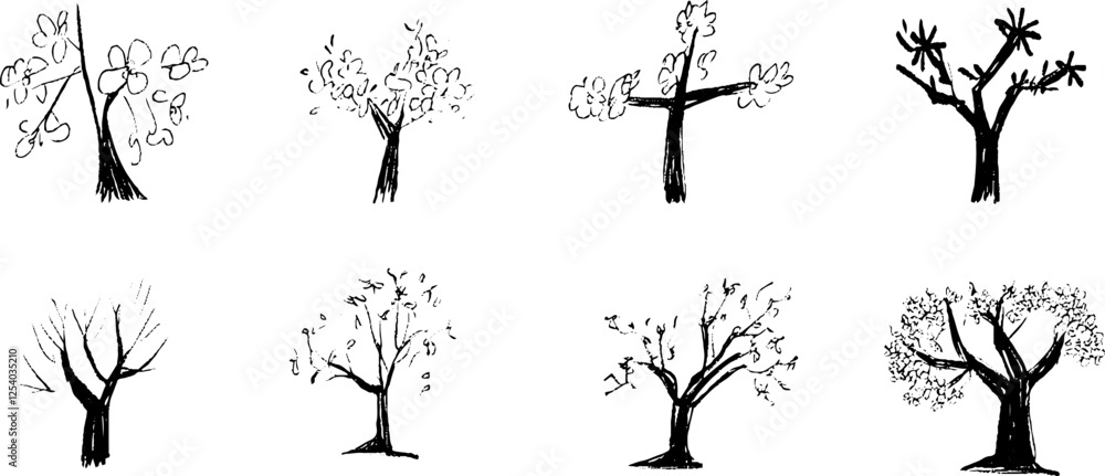Poster a collection of hand-drawn trees in various styles, showcasing different leaf patterns and shapes.
