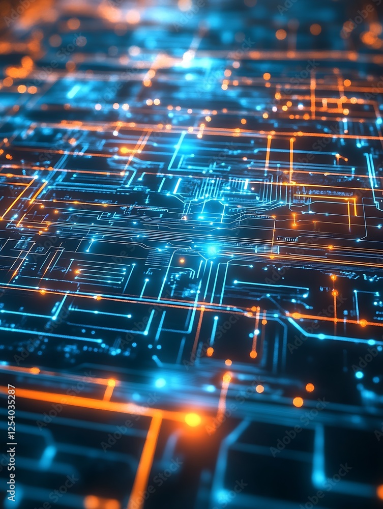 Poster High tech abstract background with glowing circuit board patterns in blue and orange colors : Generative AI