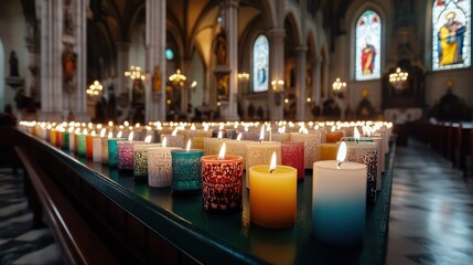 A warm glow from numerous candles fills the church, symbolizing hope and prayer as worshippers gather in reflection during Maundy Thursday