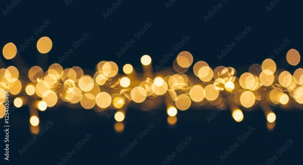 Poster a whimsical image of glowing golden string lights with circular bokeh effects on a dark blue backgro