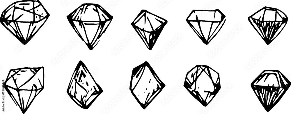 Poster a collection of hand-drawn diamond shapes in various styles and orientations, showcasing different f