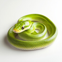Fototapeta premium Closeup of bright green snake with detailed scales, coiled and resting isolated on white transparent background