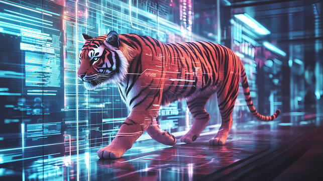 Of a tiger walking through a futuristic digital wildlife enclosure with holographic technology data and analytics displayed in a cyberpunk glowing neon environment. Holographic Wildlife. Illustration