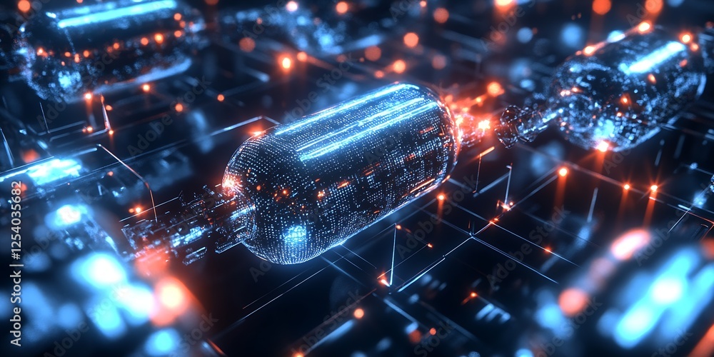 Aufkleber Stunning Artistic Representation of Glass Cylinders Interlinked with Neon Glow in a Digital Environment : Generative AI