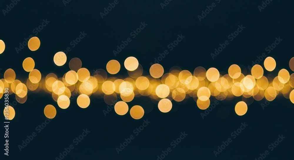 Poster a whimsical image of glowing golden string lights with circular bokeh effects on a dark blue backgro