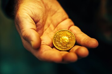 A hand gently cradles a golden coin, its intricate details gleaming warmly, symbolizing worth and value.
