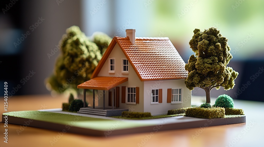 Poster charming miniature house model with vibrant trees and landscaped surrounding on a wooden table : gen