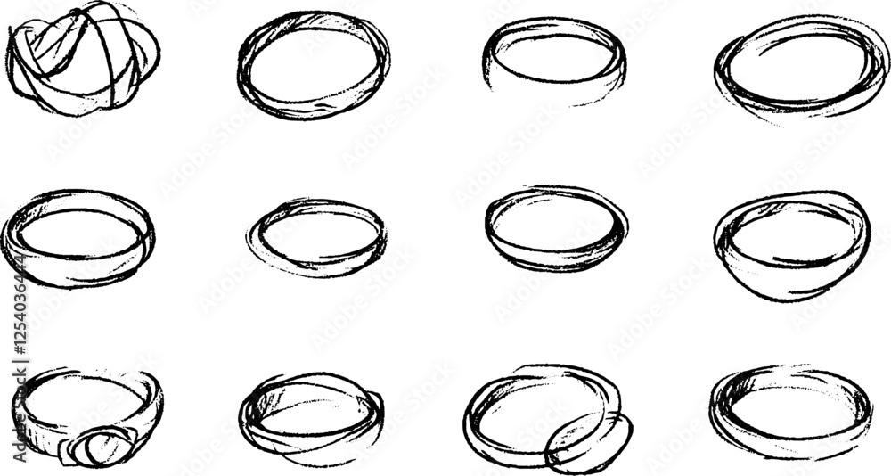 Poster a collection of hand-drawn ring designs, showcasing various styles and shapes. the rings vary in thi