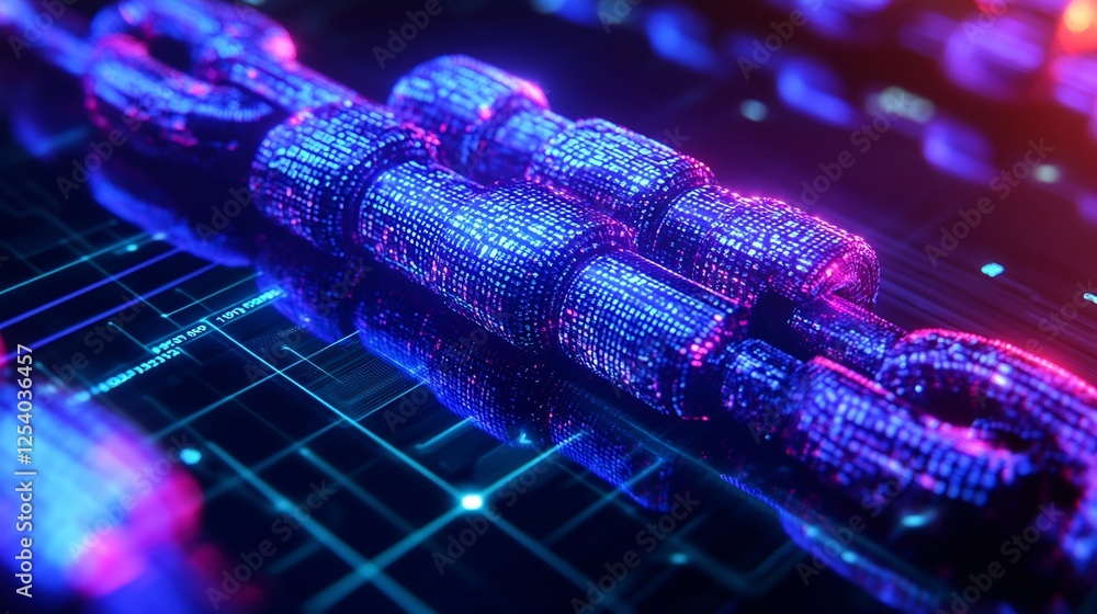 Poster high-tech close up of a futuristic chain with multicolored glow and digital patterns : generative ai