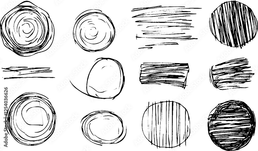 Poster a collection of hand-drawn circular and linear shapes, featuring various textures and patterns. the 