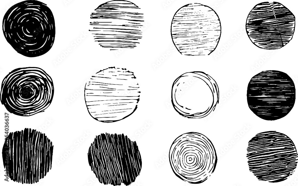 Poster a collection of twelve circular patterns in black and white, featuring various textures and line sty