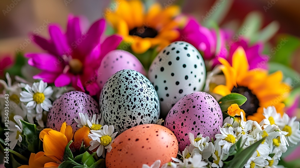 Poster bright and playful easter eggs surrounded by a vibrant bouquet of flowers creating a festive atmosph