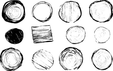 A collection of hand-drawn circular shapes in various styles, including solid black, textured, and empty circles. 
