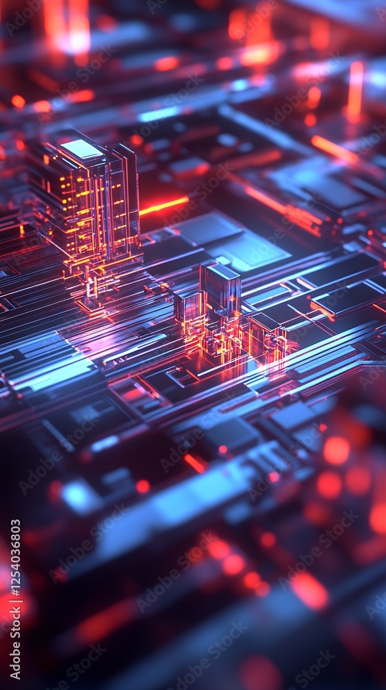Aufkleber Complex Circuit Board Design with Neon Lights and Dynamic Patterns : Generative AI