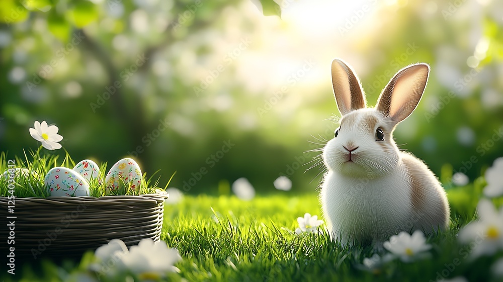 Poster charming bunny enjoying a sunny day in a garden full of flowers and easter eggs : generative ai