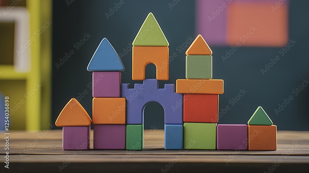 Aufkleber playful arrangement of wooden building blocks forming a colorful castle on a rustic wooden table in 