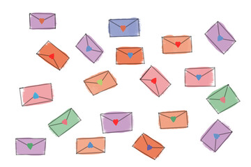 A bunch of little envelopes in different colors. On the clasp they have a heart. They are scattered all over the picture. Love