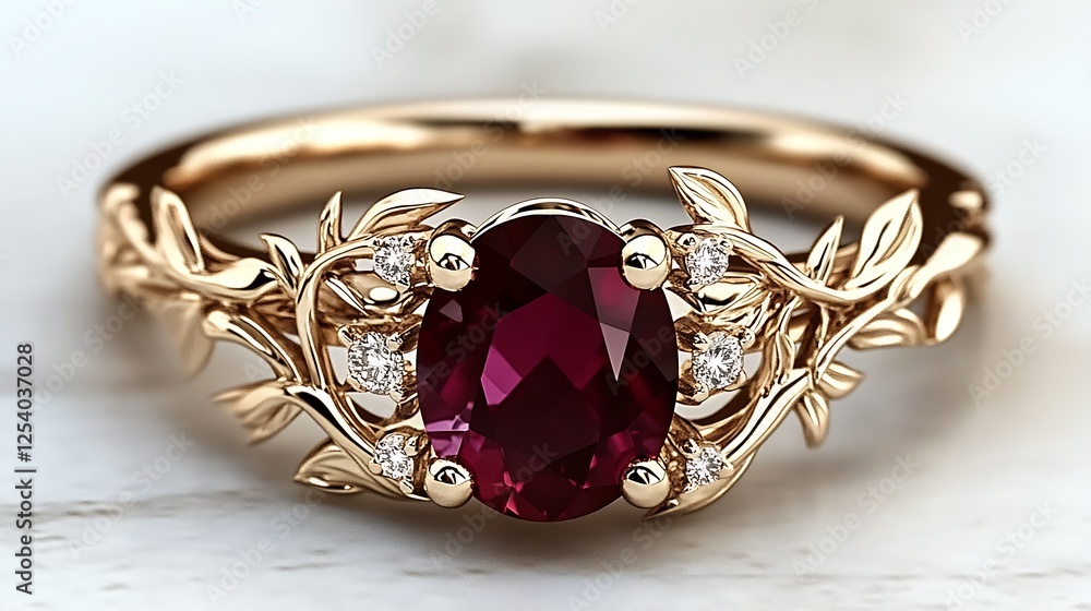 Poster sophisticated ruby ring with intricate gold leaves showcasing the rich red hue on soft surface : gen