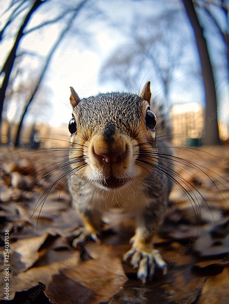 Poster charming grey squirrel with curious expression exploring a leaf-covered ground in a city park : gene