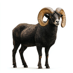 A majestic ram stands proudly, showcasing its impressive curved horns and thick woolly coat. This striking photo highlights the beauty and strength of wildlife in nature.
