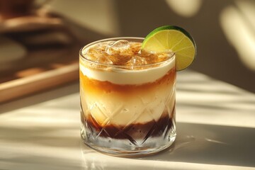 A glass of layered dirty soda with cream sits on a clean, contemporary table, accented by a lime wedge. Dramatic lighting highlights the precision and contrast of textures and colors