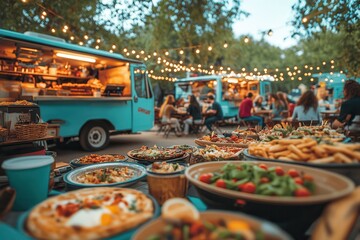 Festive outdoor dining food festival and food truck extravaganza with culinary delights