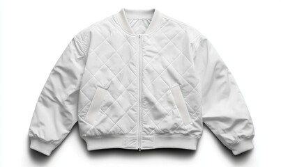 White quilted bomber jacket, studio shot, clothing fashion, isolated background, e-commerce product