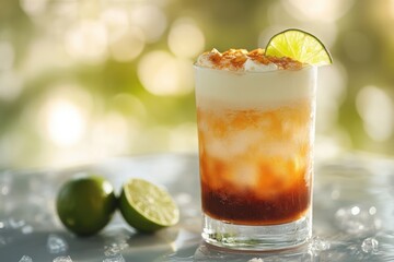Fototapeta premium This drink features visible layers of soda and cream in a clear glass, elegantly garnished with a lime wedge. Soft, natural light enhances the soothing atmosphere