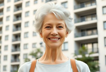 Serene apartment building portrait with happy senior