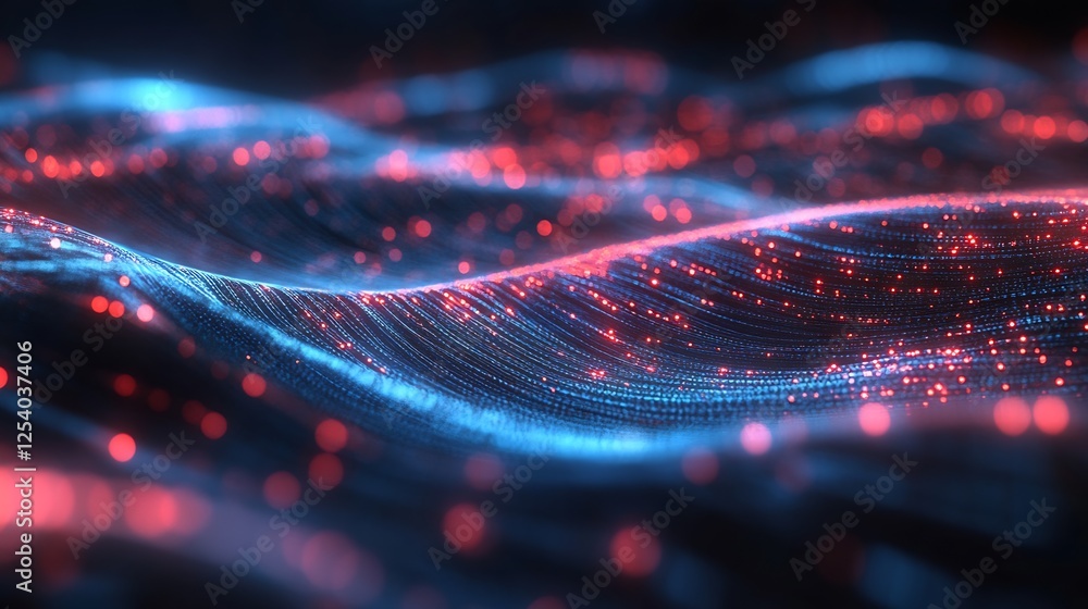 Poster Fluid waves of vibrant red and blue lights flowing in rhythmic harmony creating a captivating digital landscape : Generative AI