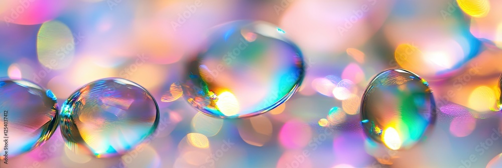 Poster a macro shot of water droplets on a soft surface with colorful, dreamy bokeh lights in the backgroun