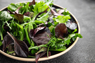 Healthy salad leaves mix salad juicy snack micro greens, arugula, lettuce, oak leaf, green leaf salad fresh tasty food background on the table rustic food top view copy space vegetarian and vegan