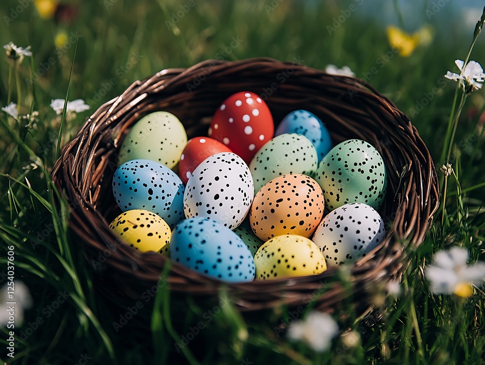Poster Assorted Easter eggs with beautiful designs and colors arranged in a wicker basket on grass : Generative AI
