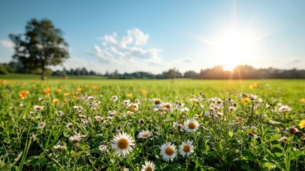 Obraz premium Sunny meadow wildflowers sunset landscape