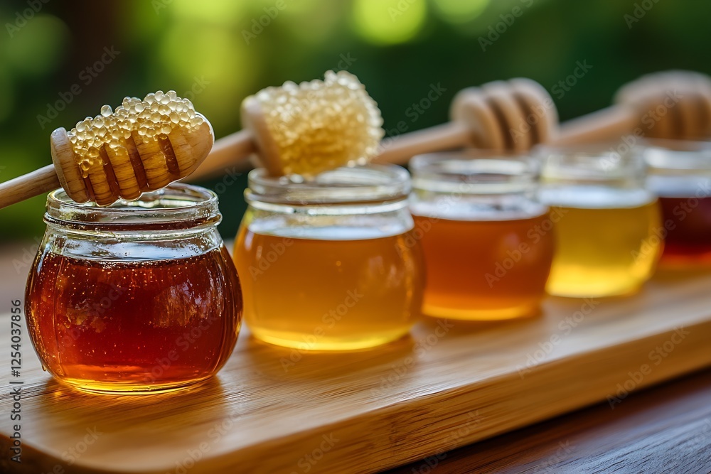 Poster delicious honey drizzling from a dipper over an array of colorful honey jars : generative ai