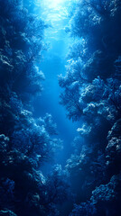 Fototapeta premium Underwater Coral Reef Exploration: Discover Blue Depths and Vibrant Marine Life in Tranquil Ocean Ecosystems