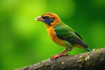 Golden-whiskered barbet foraging, lush green background, bird photography, ornithology, golden-whiskered barbet