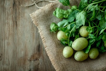 Fresh Green Potatoes Rustic Wooden Background Burlap Sack Organic Produce Healthy Food Farm to Table Photography Natural Ingredients Delicious Harvest