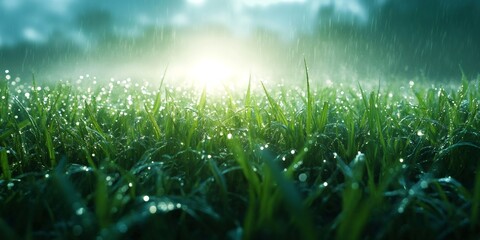 Fresh green grass covered with raindrops during a heavy rain